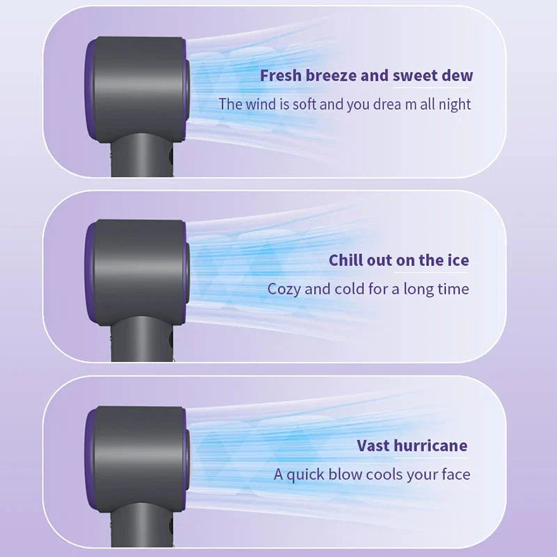 Powerful portable handheld turbine fan with cooling system, adjustable airflow, long-lasting battery, and compact design for on-the-go refreshment.