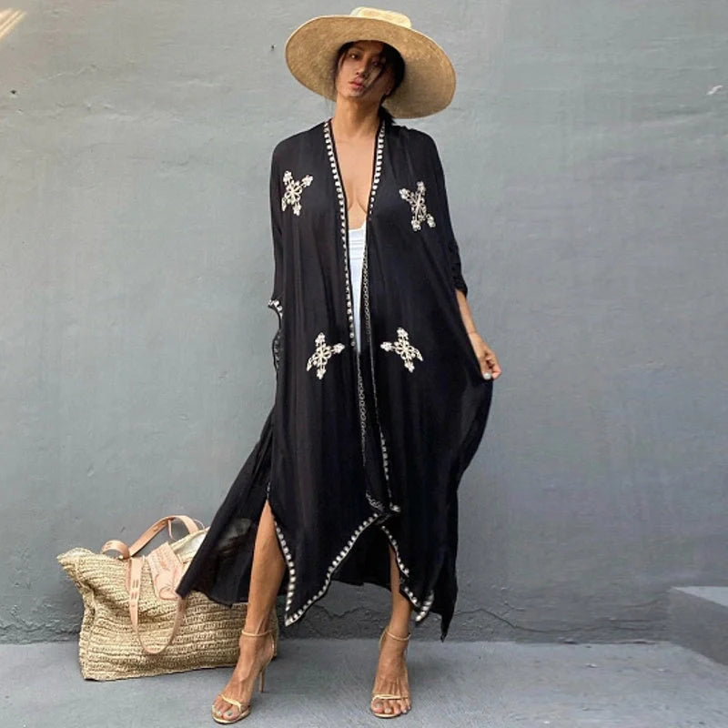 Stylish rayon embroidered beach cover-up with sun protection in various colors
