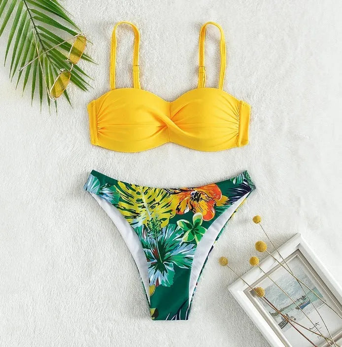 Green split push-up bikini swimsuit set with matching hard storage bag