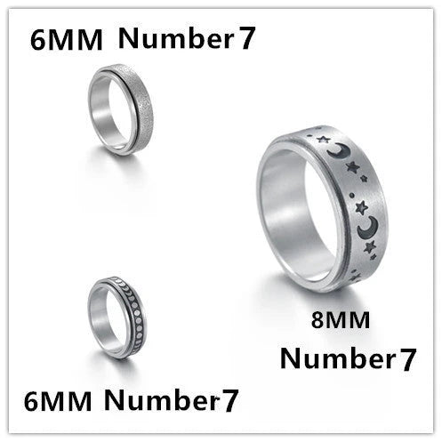 Titanium steel ring with intricate star and moon designs, available in various sizes and colors