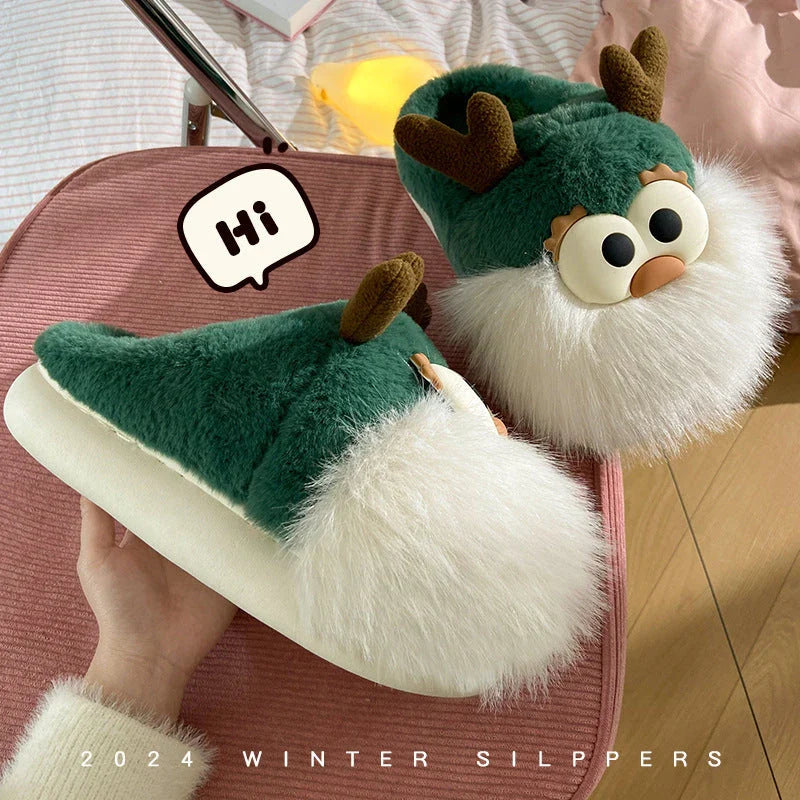Cozy cartoon deer-themed plush slippers in various colors with thickened sole and half-covered heel for winter warmth and comfort
