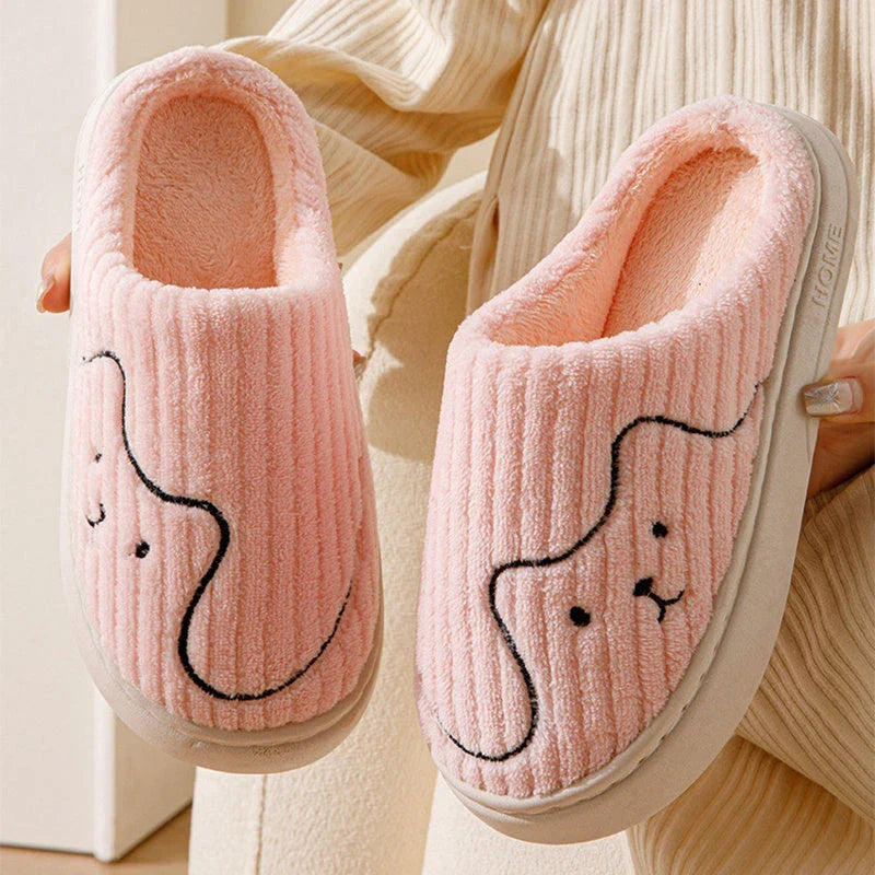 Cozy cat-themed house slippers in various colors with plush fabric and non-slip rubber soles