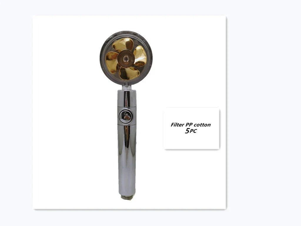 A high-pressure handheld shower head with a turbo-charged water flow and a cotton filter for a luxurious, spa-like bathing experience.