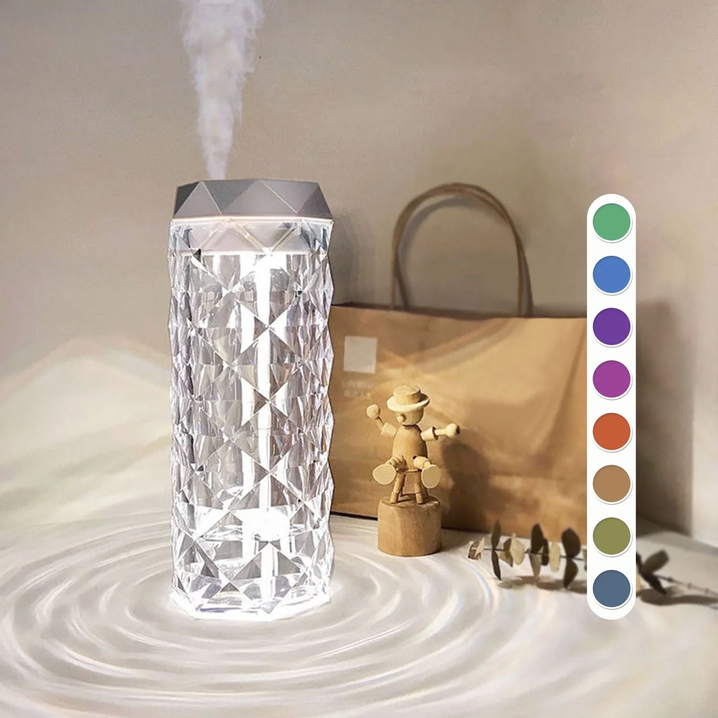 Crystal-like lamp humidifier with adjustable mist and lighting for a soothing, relaxing atmosphere