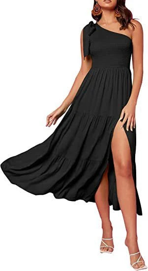 Elegant one-shoulder pleated maxi dress in various colours, featuring an asymmetrical hem and side slits for a stylish, head-turning look