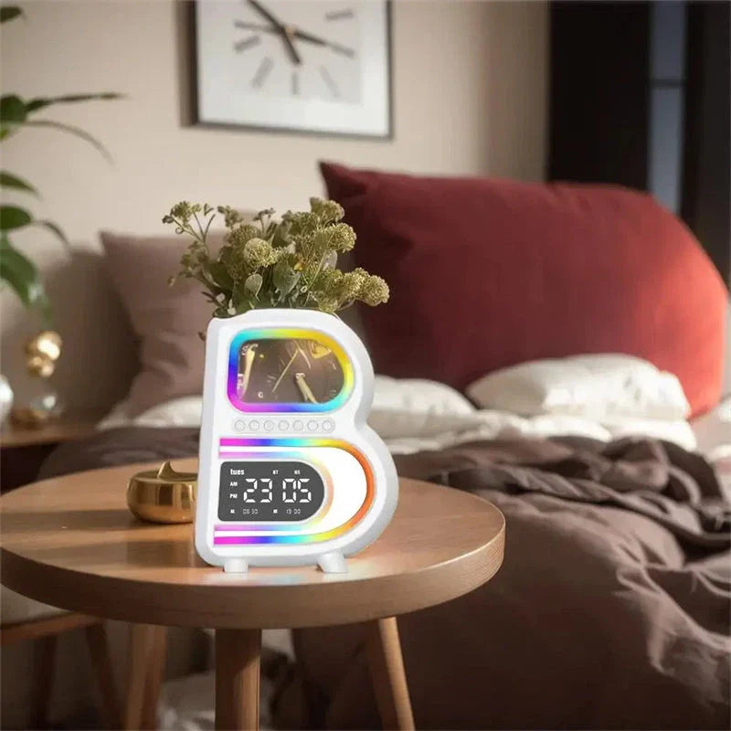Multifunctional B-shaped Bluetooth speaker lamp with wireless charging, adjustable lighting, and alarm clock features