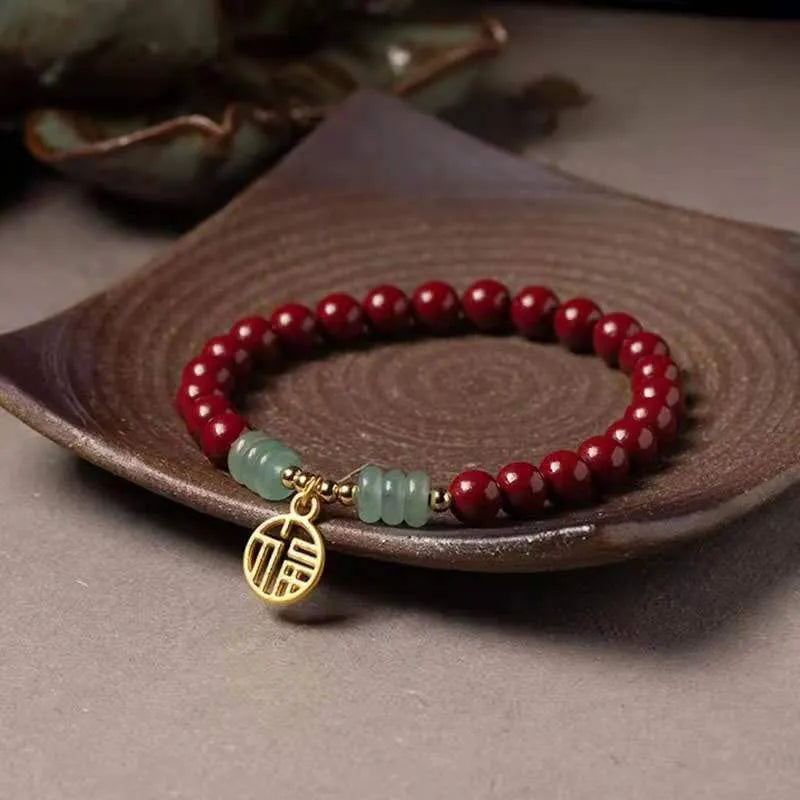 Handmade gold cinnabar wave bracelet with copper beads in national style design