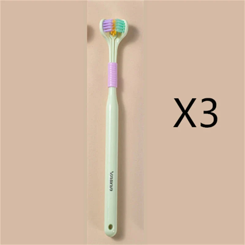 A soft bristle toothbrush with a unique triple-sided brush head for deep cleaning and customizable bristle firmness.