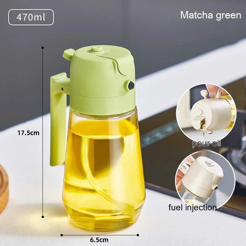 Premium 470mL glass oil sprayer with dual mist and pour functionality, ideal for cooking, baking, and grilling