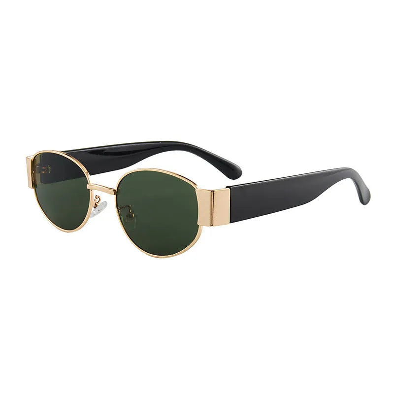 Small round sunglasses with plastic and metal frame, AC lenses, and UV400 anti-UV grade, shown in gold or silver colour options