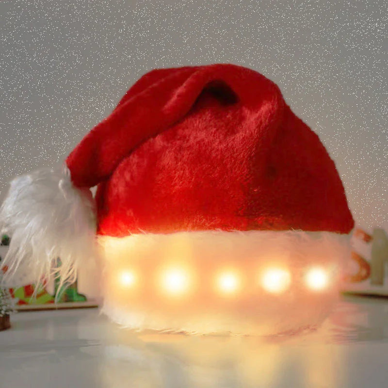 Plush Santa hat with LED lights that create a dazzling, color-changing display for festive holiday celebrations