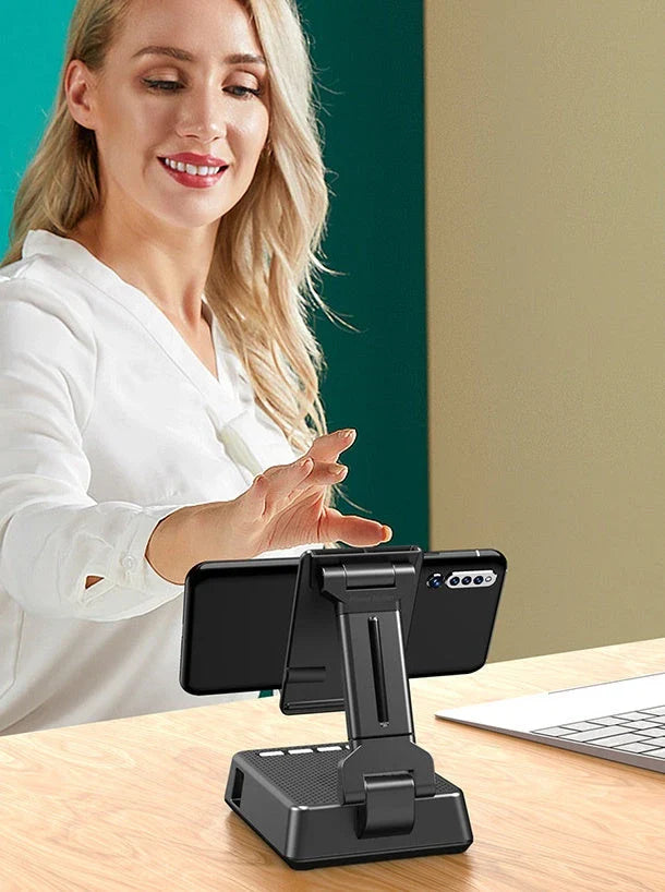 Hands-free mobile phone stand with Bluetooth speaker for remote work, video calls, and entertainment
