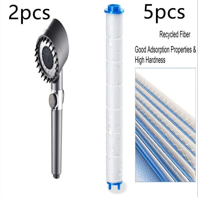 Premium multi-function shower head with rainfall and massage modes, made of durable ABS material and featuring a built-in water filter.