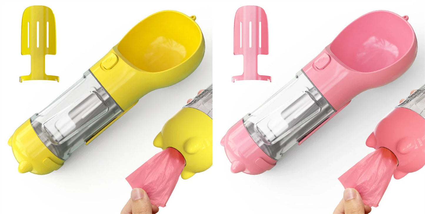 Multipurpose Pet Water Bottle with Feeding Bowl and Waste Bag Storage - Durable, Portable, and Convenient