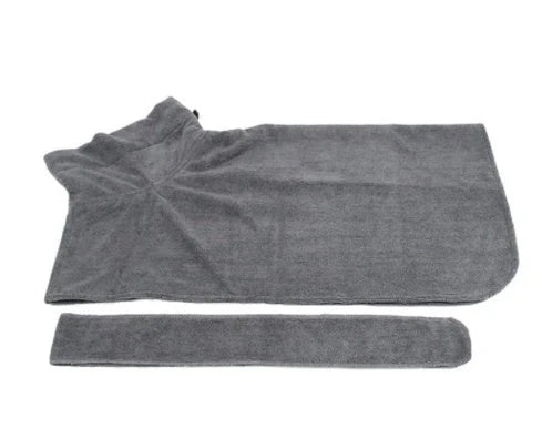 Absorbent pet drying robe with adjustable waist wrap, made of premium microfiber and terry cloth for quick drying and comfort
