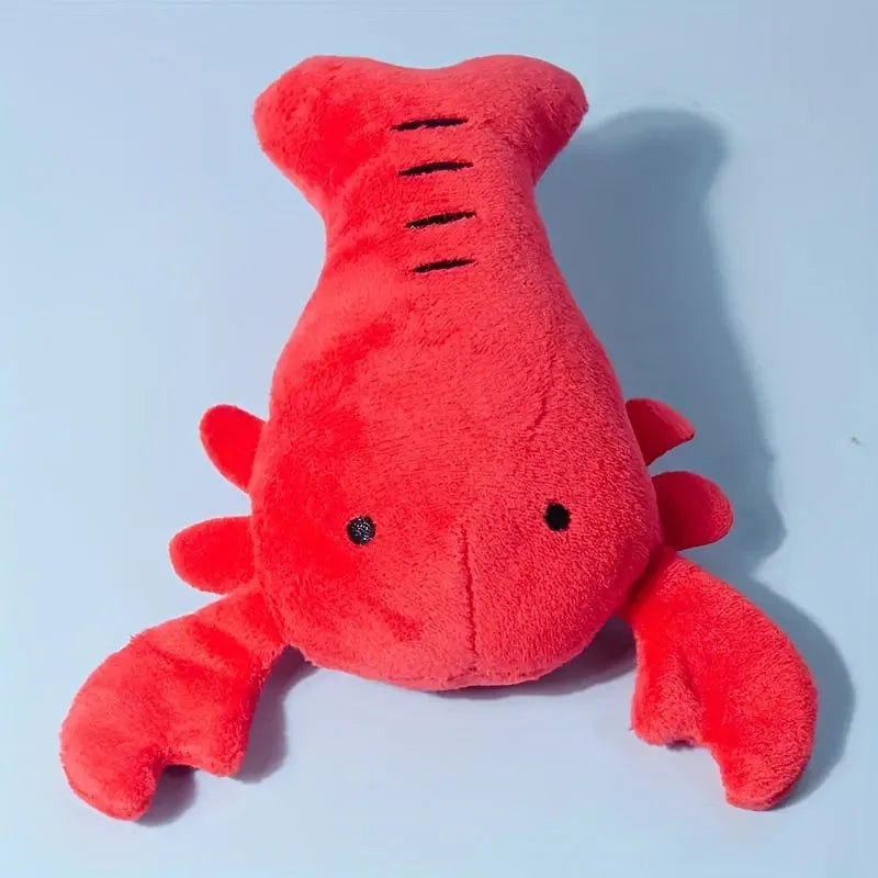 Red crab lobster shaped squeaky stuffed dog toy for small and medium breeds on a white background.