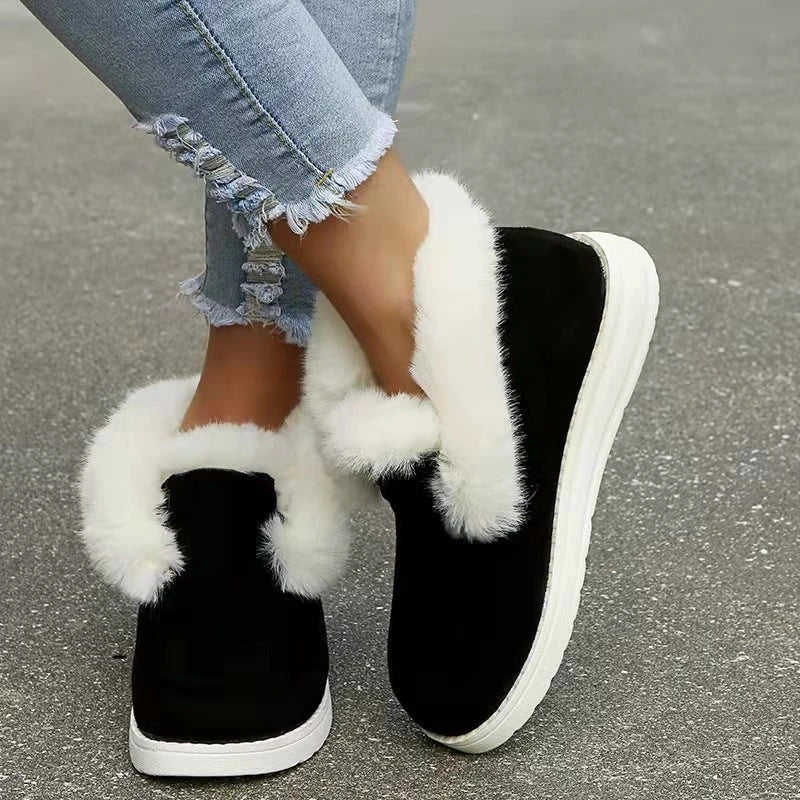 Cozy Winter Ankle Boots for Women in Black, Grey, and Brown colors with plush fur lining and low-heel design