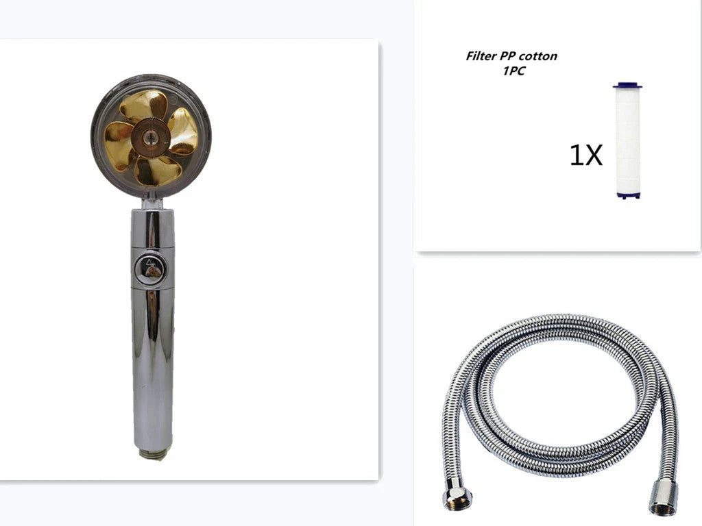 A high-pressure handheld shower head with a turbo-charged water flow and a cotton filter for a luxurious, spa-like bathing experience.