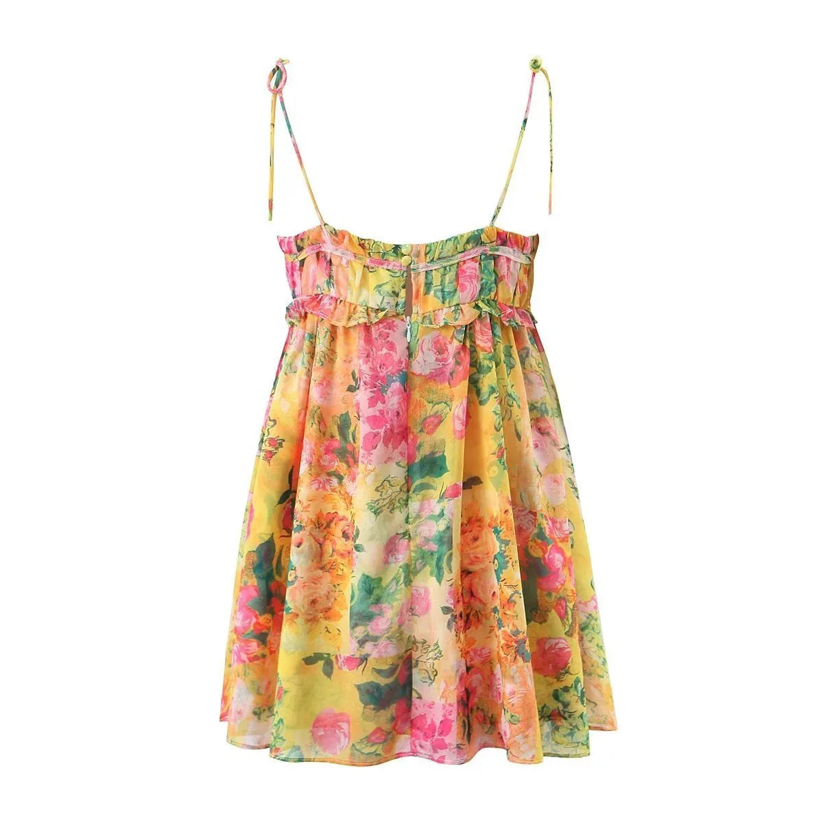 Stylish floral print suspender dress with ruffled A-line skirt and adjustable spaghetti straps for a customized fit
