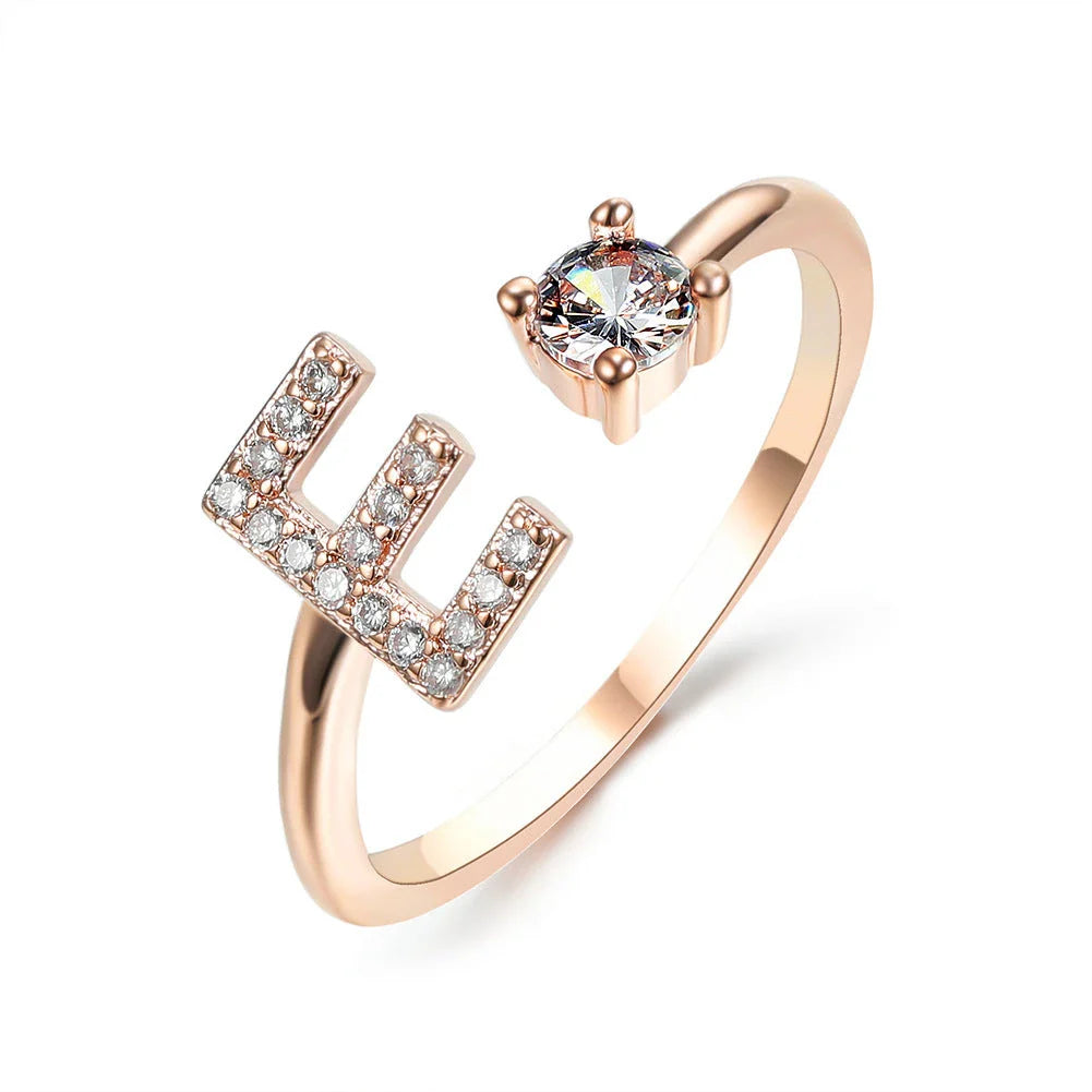 Personalized Initial Letter Crystal Ring with Adjustable Design in Gold, Silver, and Rose Gold Colors