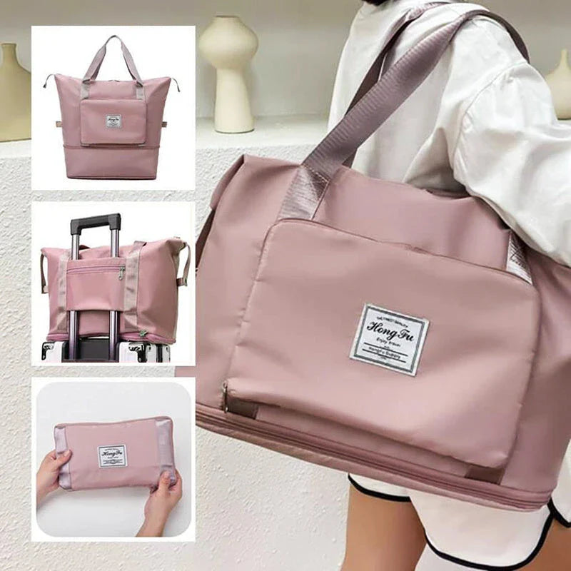 Stylish and spacious foldable travel bag for women, featuring a water-resistant Oxford cloth construction, multiple pockets, and convenient carrying options.