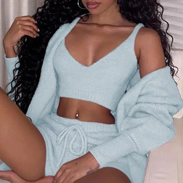 A cozy 3-piece loungewear set featuring a long sleeve crop top and drawstring shorts in a variety of stylish colors.