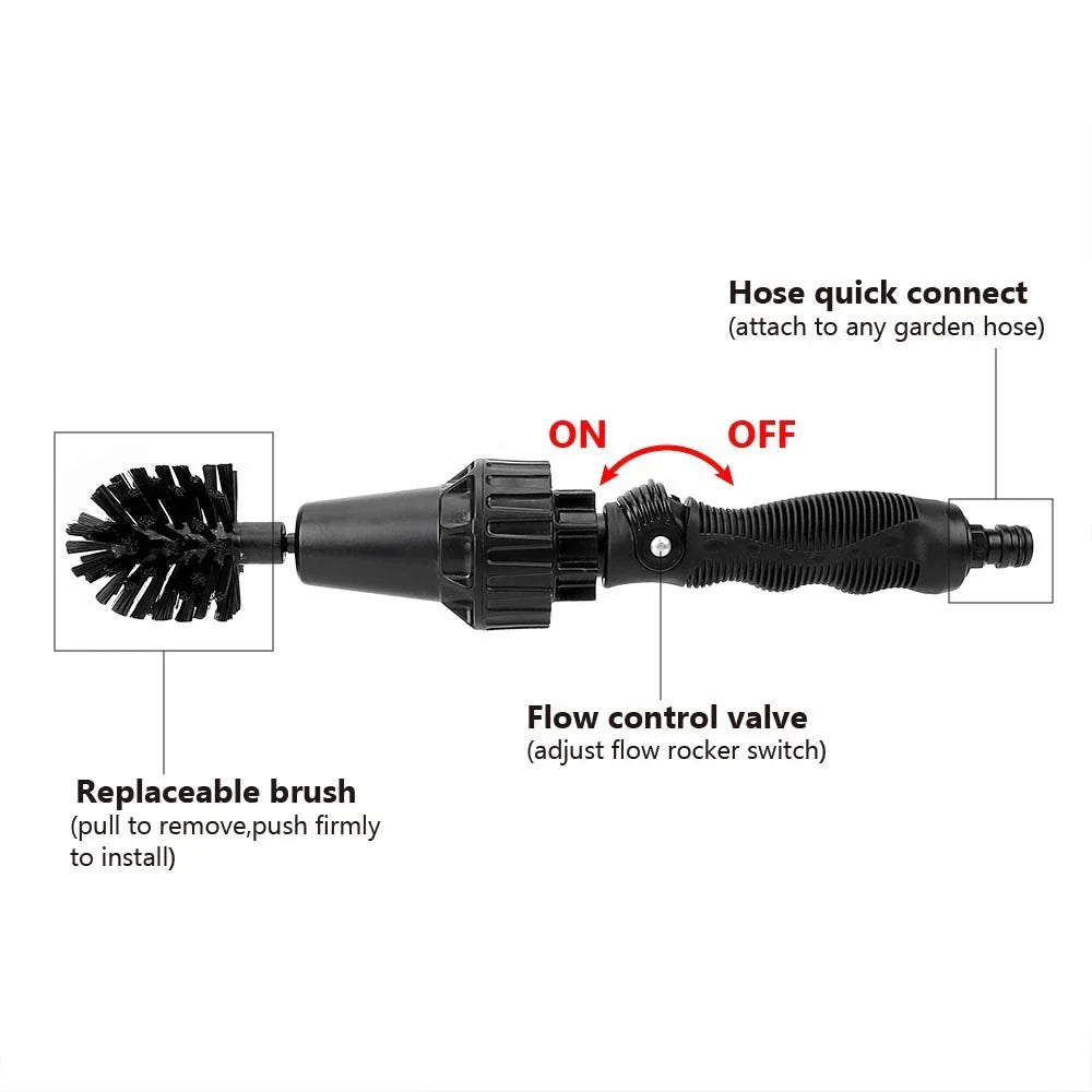 Water-powered rotating cleaning brush for effortless car, pet, and outdoor furniture cleaning