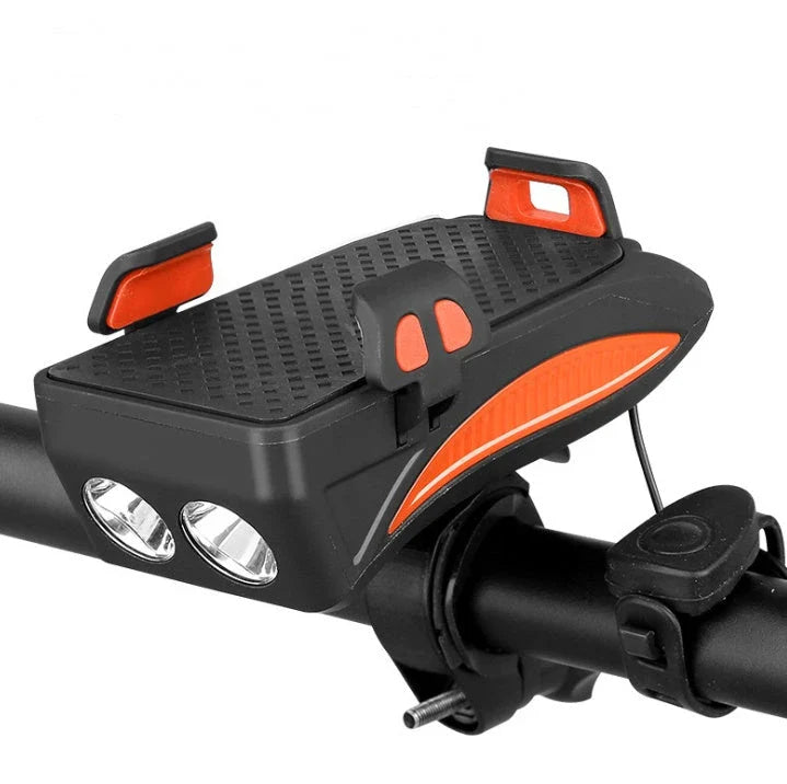 Multifunctional bike mount with horn, lights, and adjustable phone holder for secure storage and charging on the go