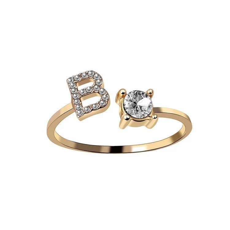 Personalized Initial Letter Crystal Ring with Adjustable Design in Gold, Silver, and Rose Gold Colors