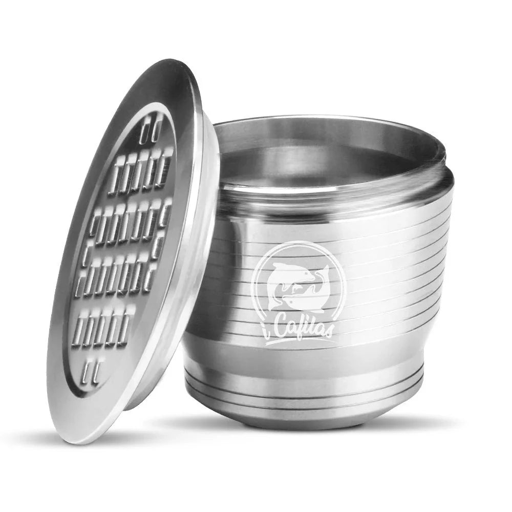 Premium stainless steel coffee capsule shells with a sleek square design, perfect for home, office, and cafe use.