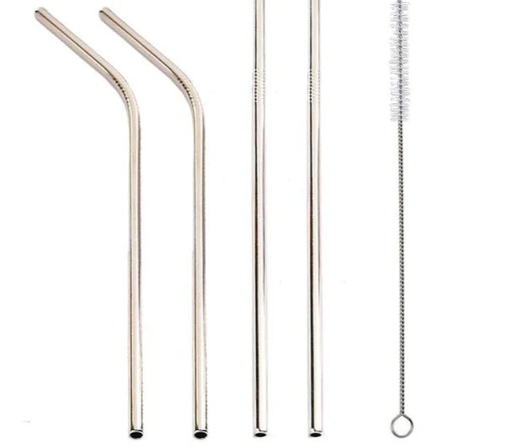 Colourful reusable stainless steel drinking straws with cleaning brush, perfect for eco-friendly sipping.