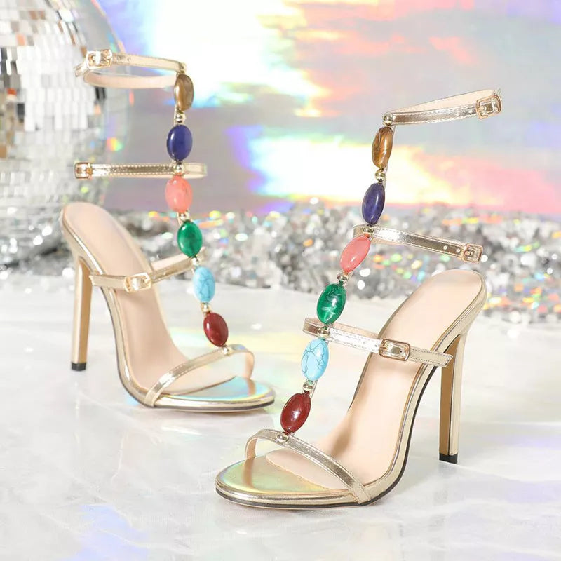 Women's stiletto high heel sandals with colourful beads buckle, available in multiple colours