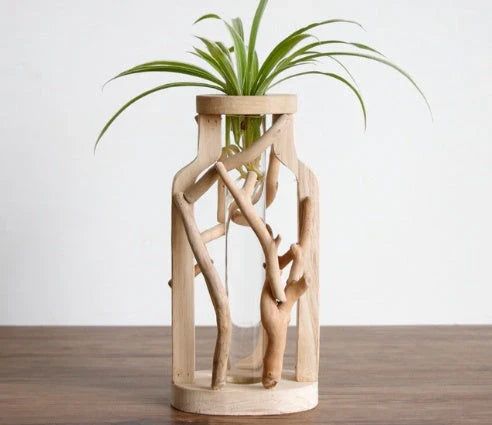 Handcrafted wooden vase with glass container for hydroponic floral displays and home decor