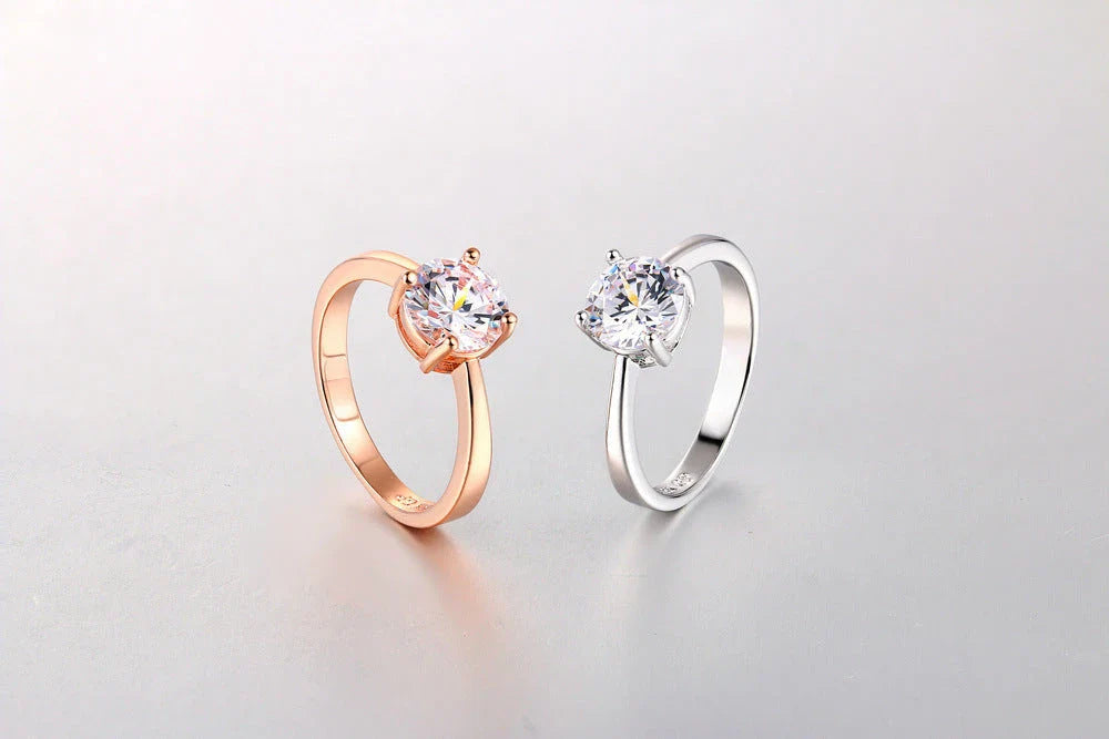 Close-up of a beautiful rose gold ring with sparkling zircon stones