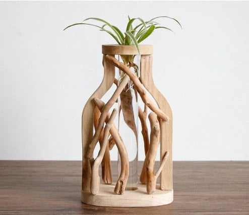 Handcrafted wooden vase with glass container for hydroponic floral displays and home decor