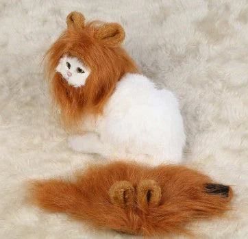 A charming pet hat with a fluffy lion mane and ears, designed to make your furry friend look like the king or queen of the jungle.
