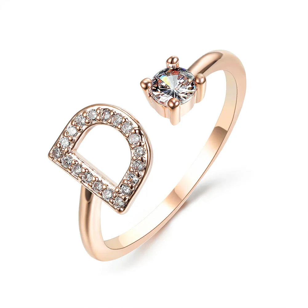 Personalized Initial Letter Crystal Ring with Adjustable Design in Gold, Silver, and Rose Gold Colors
