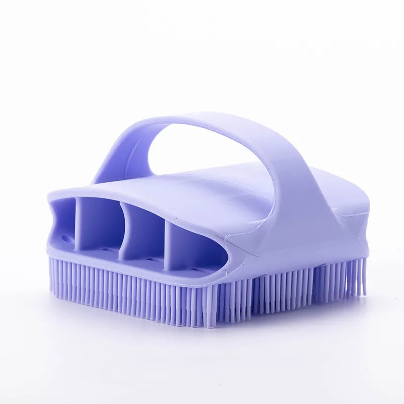 Silicone scalp massager shampoo brush with long bristles and ergonomic handle in assorted colours.