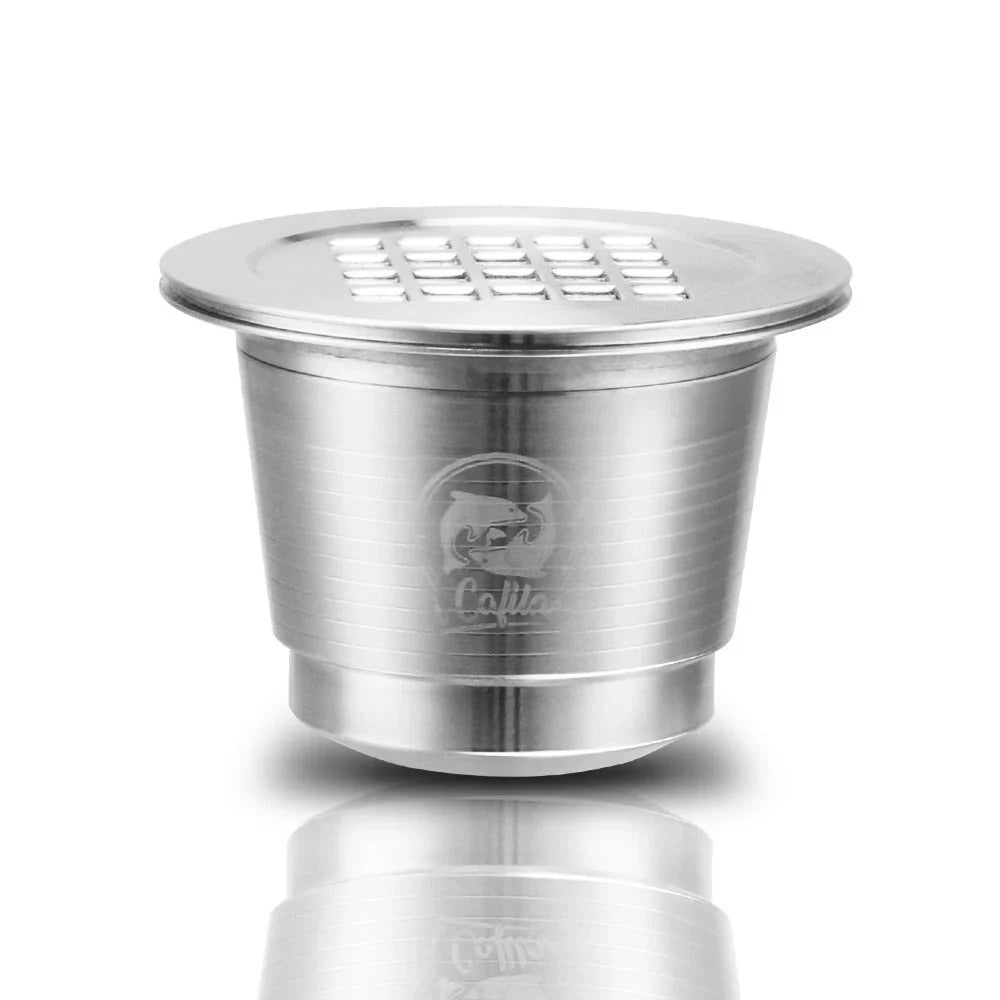 Premium stainless steel coffee capsule shells with a sleek square design, perfect for home, office, and cafe use.