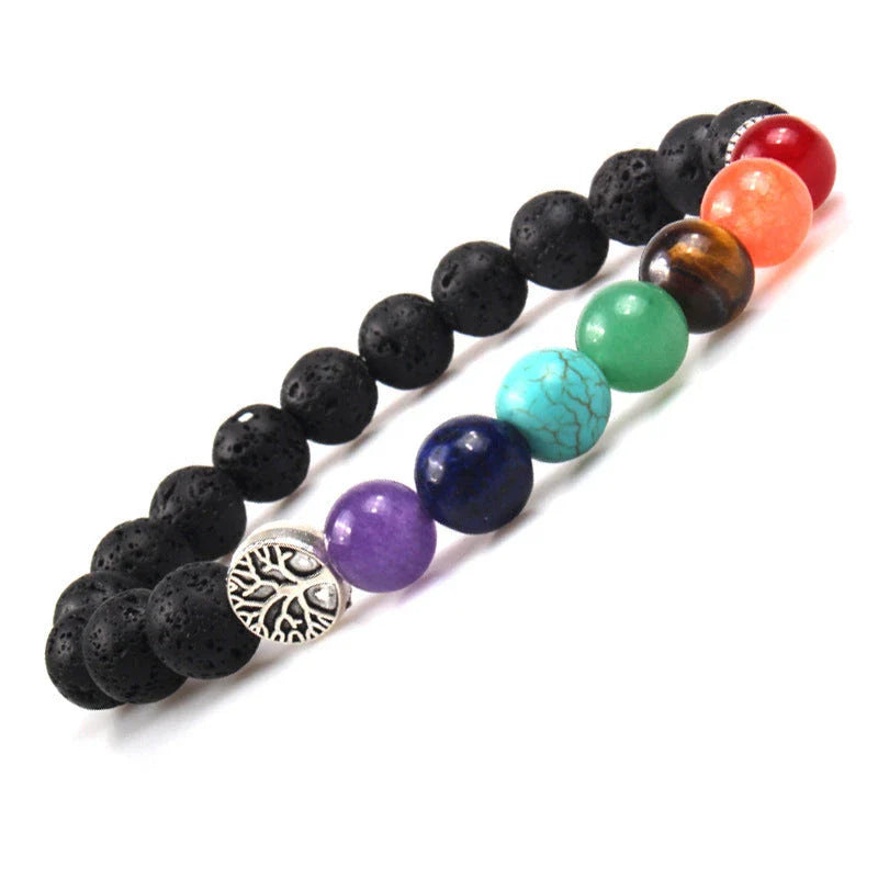 Handcrafted beaded bracelet with seven chakra-representing beads, designed to promote balance and well-being.