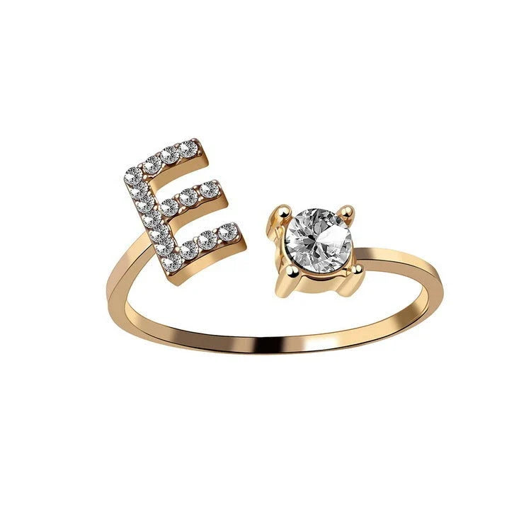 Personalized Initial Letter Crystal Ring with Adjustable Design in Gold, Silver, and Rose Gold Colors