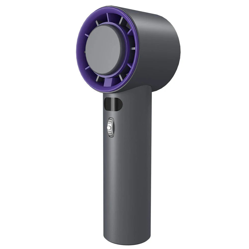 Powerful portable handheld turbine fan with cooling system, adjustable airflow, long-lasting battery, and compact design for on-the-go refreshment.