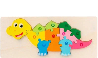 A charming wooden puzzle featuring a variety of cartoon animal designs, including a steamship, aircraft, dinosaur, and more.
