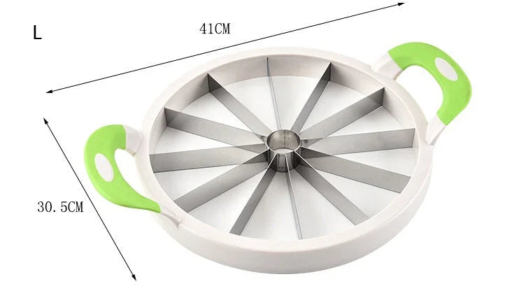 Premium stainless steel watermelon slicer with non-slip handles for quick, safe, and effortless watermelon cutting