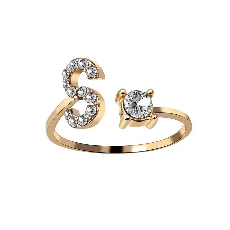 Personalized Initial Letter Crystal Ring with Adjustable Design in Gold, Silver, and Rose Gold Colors