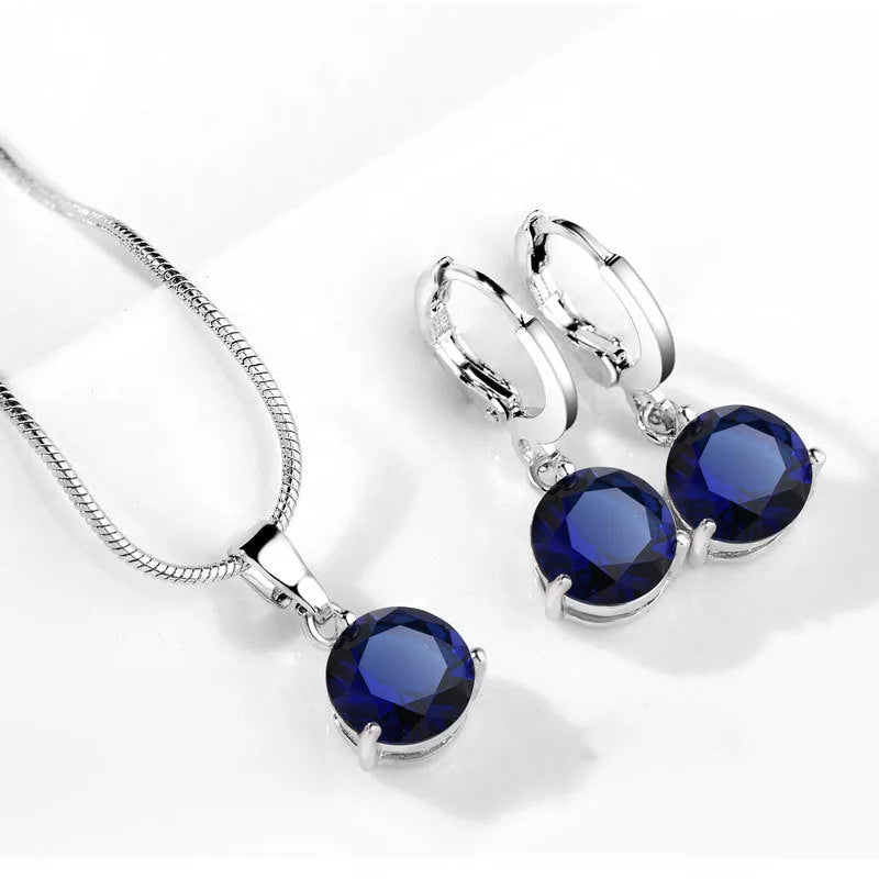 Zircon Water Drop Necklace and Earring Set with unique snake bone chain and mixed gem setting