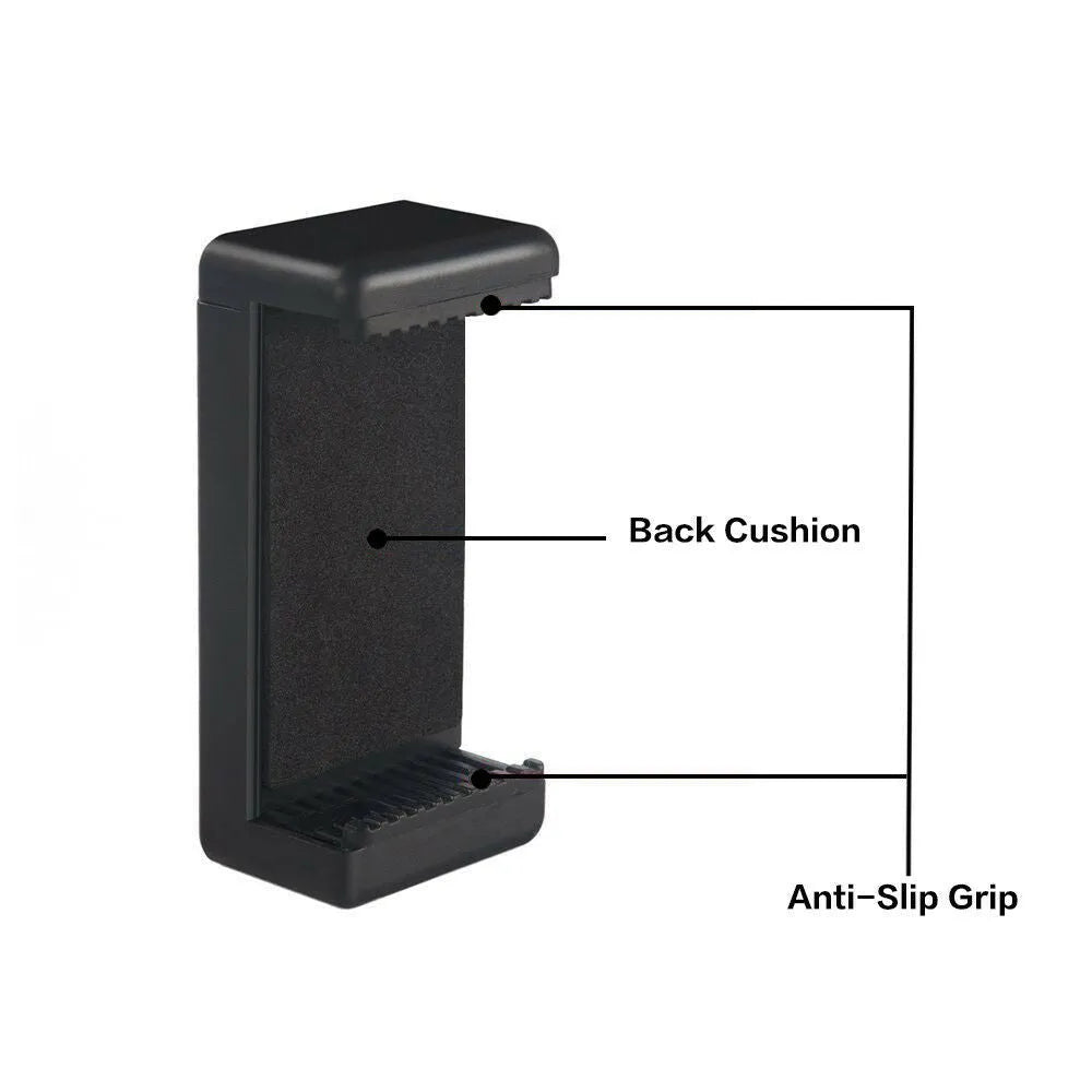 Black plastic single phone holder bracket showing rotating clamp and word folder style options
