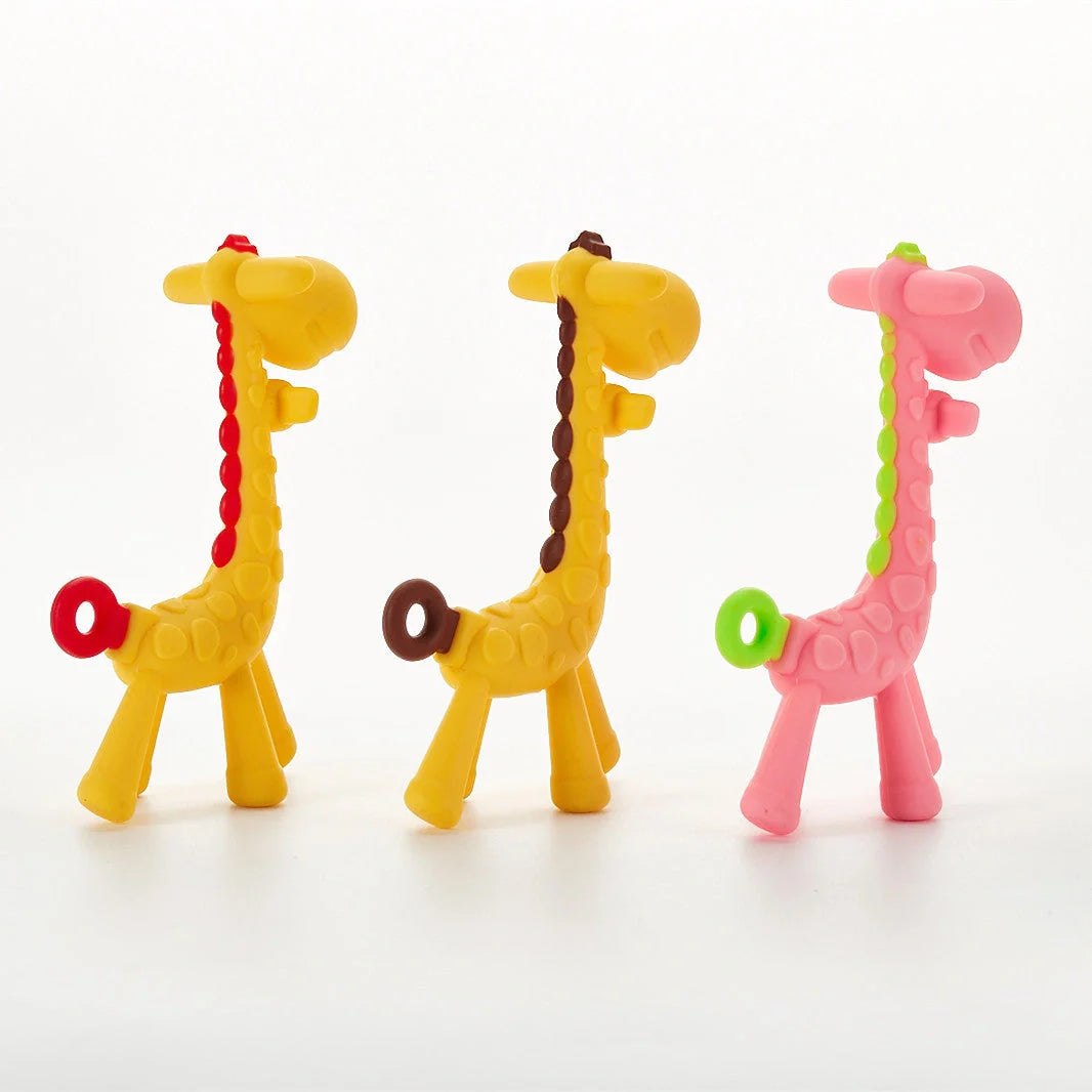 Adorable giraffe-shaped baby teether toy with multiple chewable parts for soothing sore gums