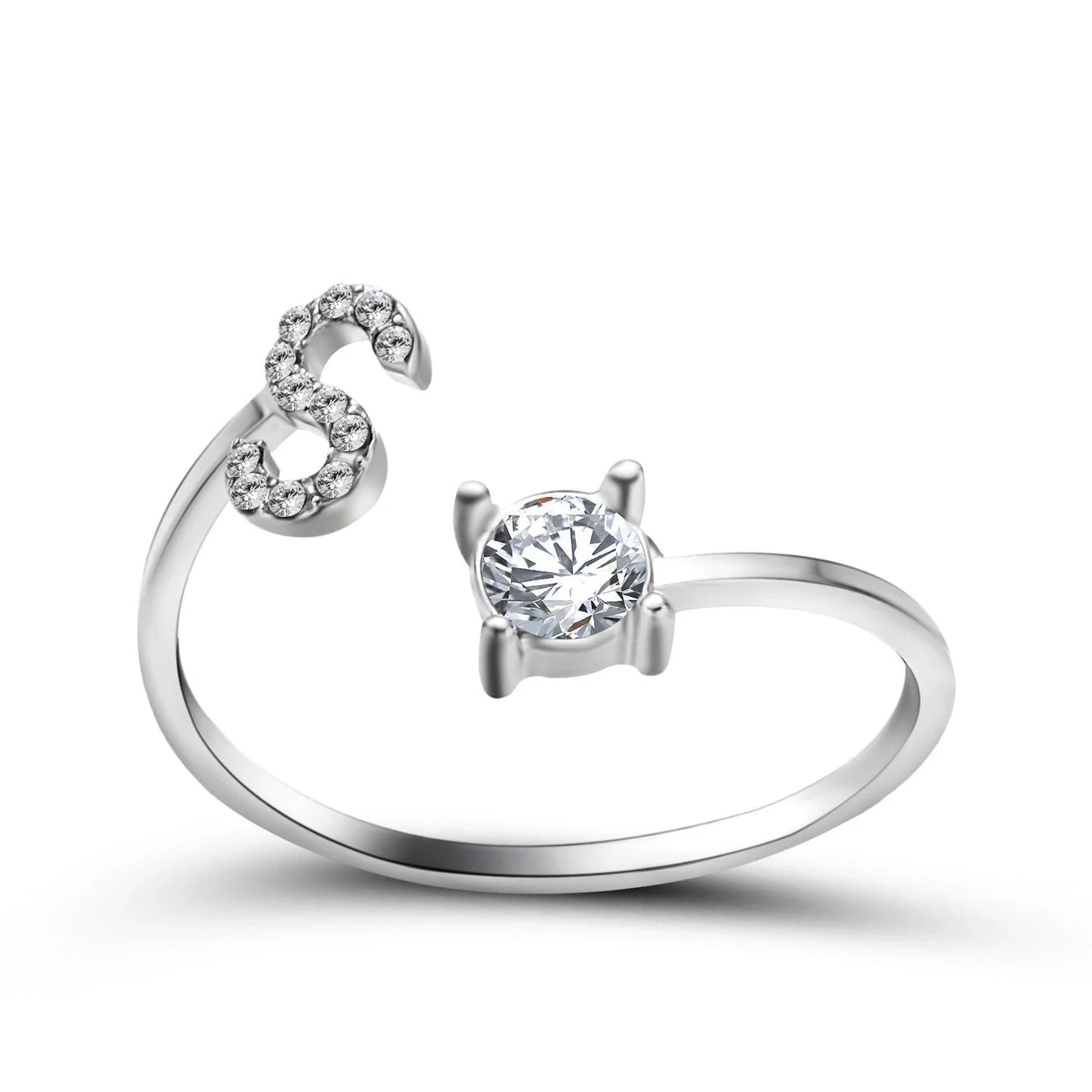 Personalized Initial Letter Crystal Ring with Adjustable Design in Gold, Silver, and Rose Gold Colors