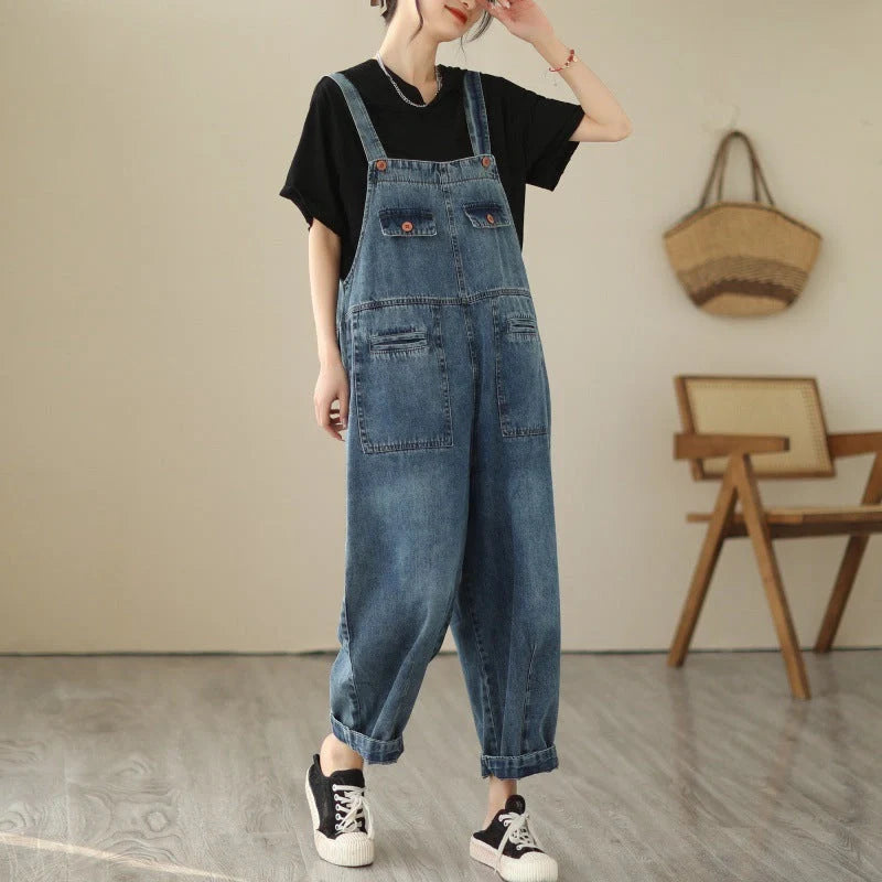 Stylish light blue denim strap pants for women with adjustable fit